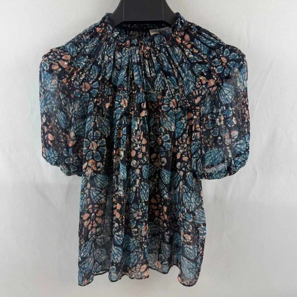 Ulla Johnson Silk Lurex Metallic Ruffle Puff Sleeve Blouse Blue Pink Gold 4